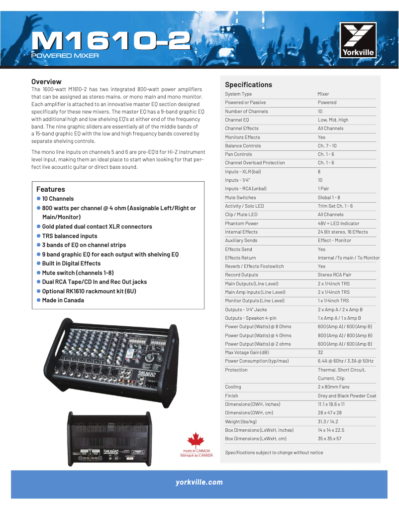 Page n°1 - Fiche technique Yorkville M1610