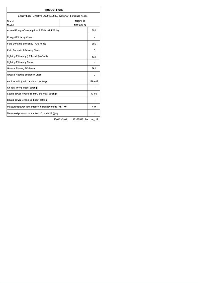Page n°1 - Fiche technique Arçelik ADE 604 G