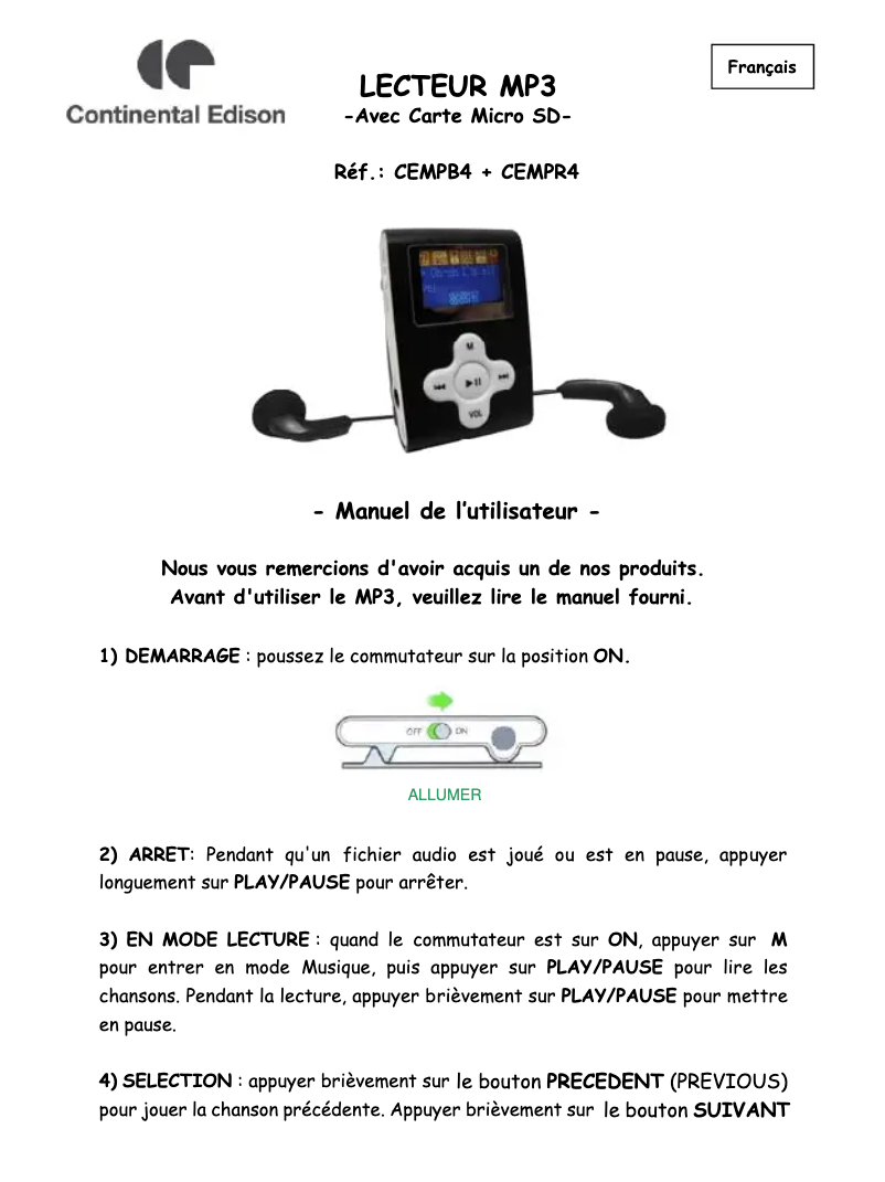 Page n°1 - Manuel utilisateur Continental Edison CEMPR4