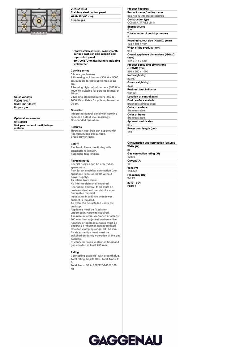 Page 1 de la notice Fiche technique Gaggenau VG295114CA
