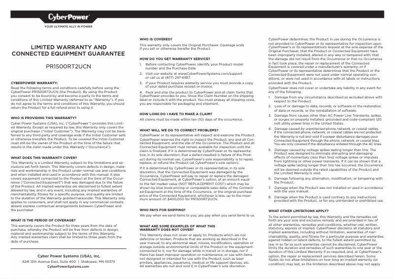 Page 1 de la notice Informations de garantie CyberPower PR1500RT2UCN
