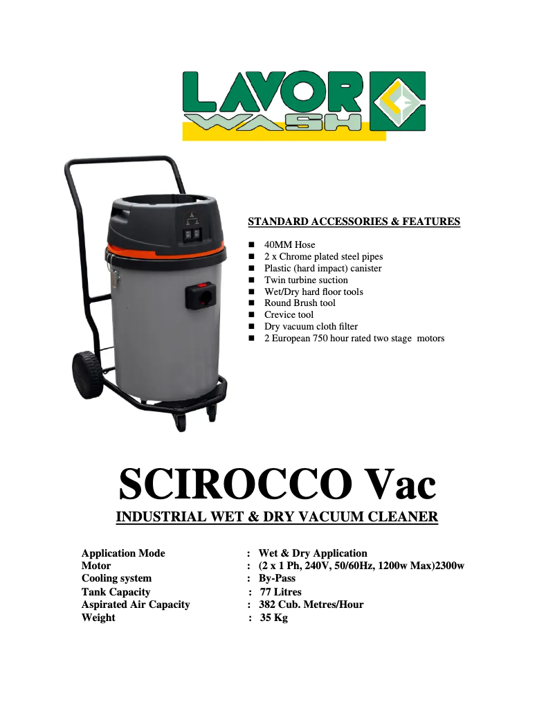 Page n°1 - Fiche technique Lavorwash Scirocco
