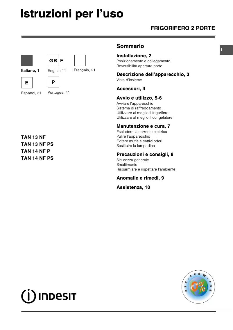 Page 1 de la notice Manuel utilisateur Indesit TAN13NF