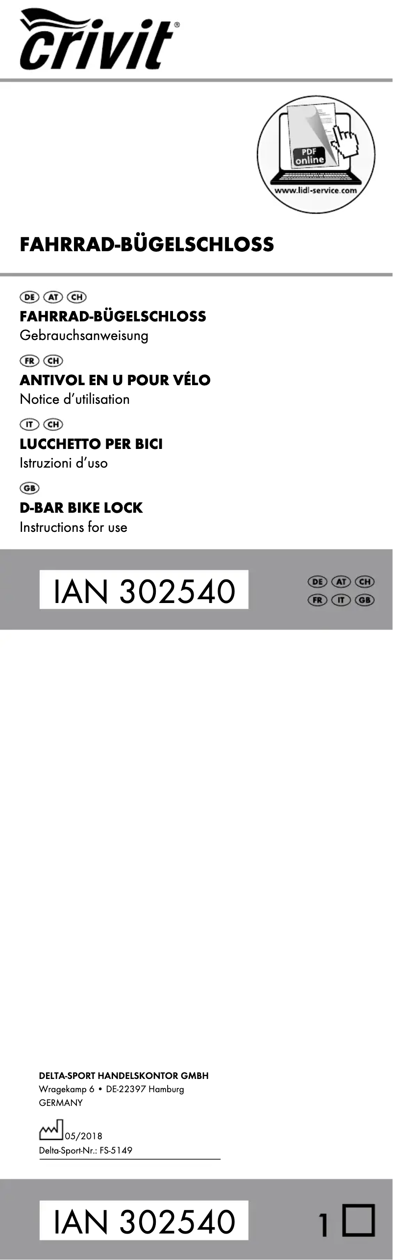 Page 1 de la notice Manuel utilisateur Crivit IAN 302540