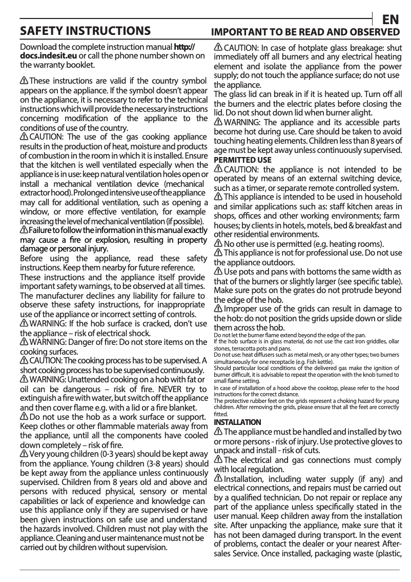 Page n°1 - Manuel utilisateur Indesit ING 61T/WH