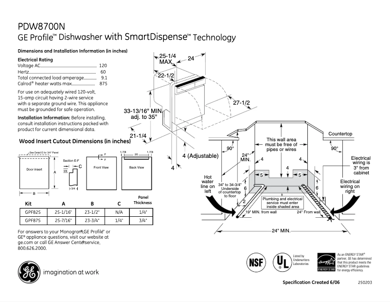 Página 1 del manual Ficha técnica GE Profile PDW8700NWW