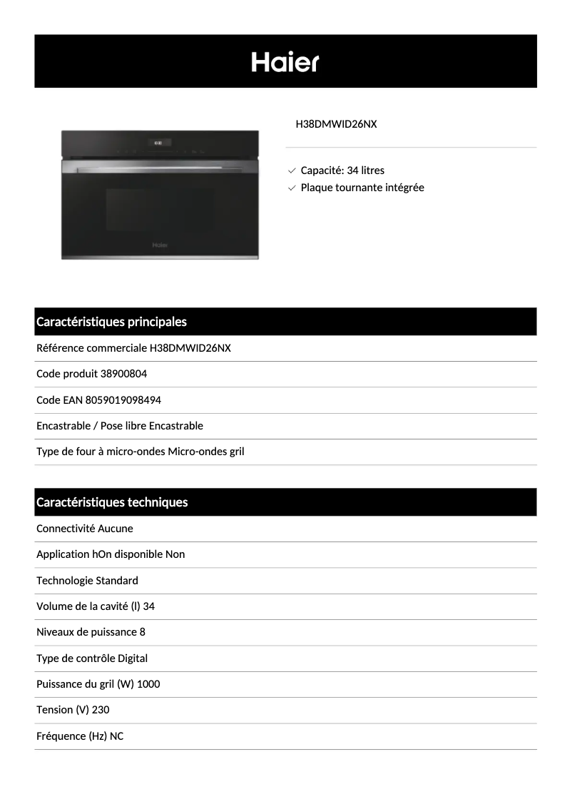 Página 1 del manual Ficha técnica Haier H38DMWID26NX