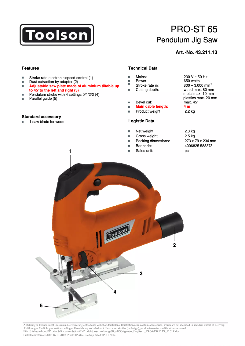 Page 1 de la notice Fiche technique Toolson PRO-ST 65