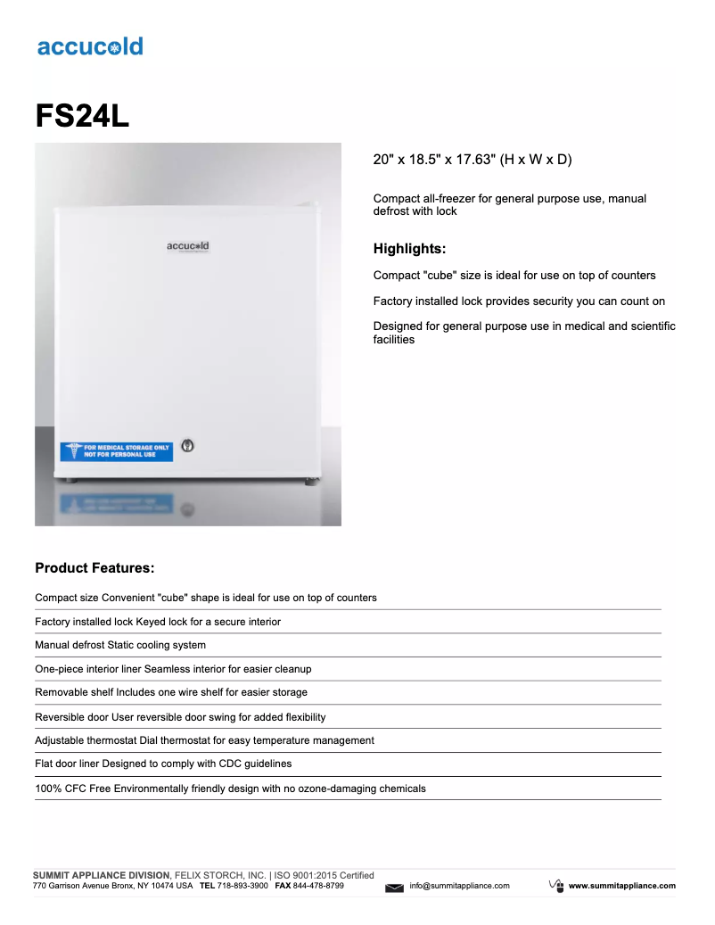 Page 1 de la notice Fiche technique Summit Accucold FS24L