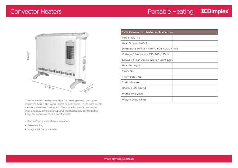 Page 1 de la notice Fiche technique Dimplex 402TSF