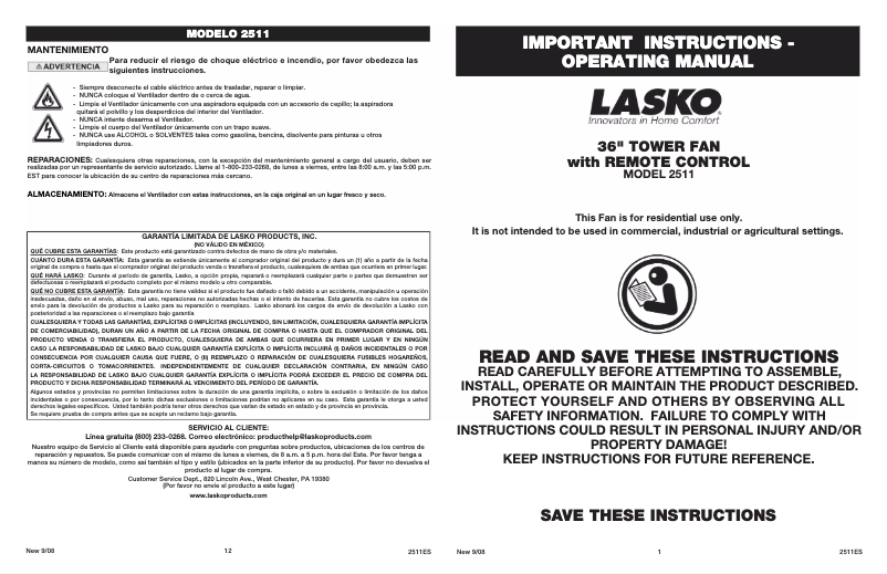 Page n°1 - Mode d'emploi Lasko 2511