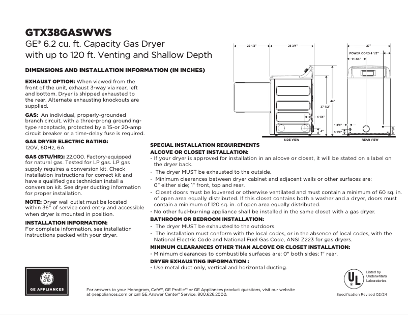 Page 1 de la notice Fiche technique GE GTX38GASWWS