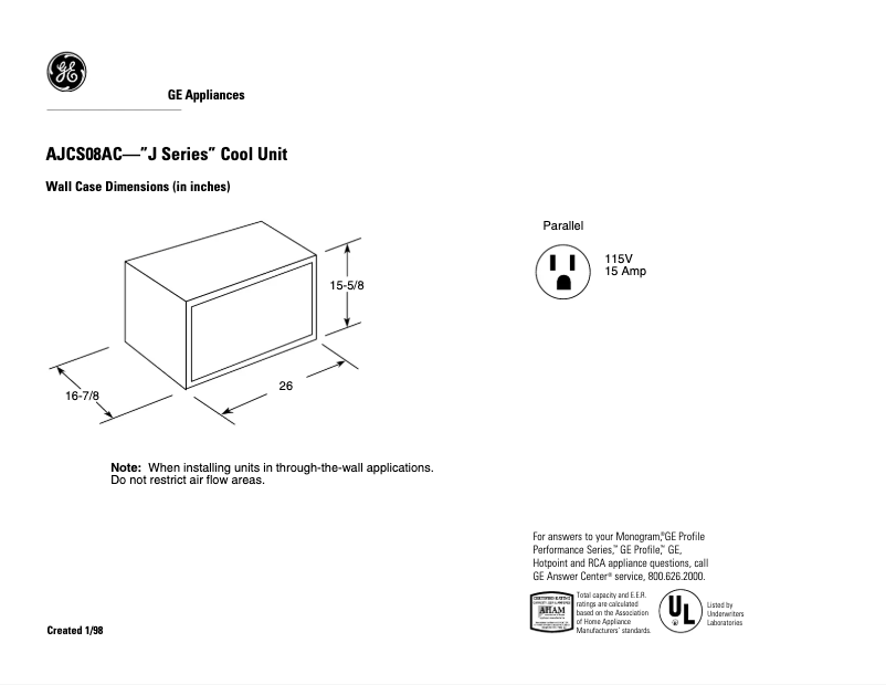 Page 1 de la notice Fiche technique GE AJCS08AC