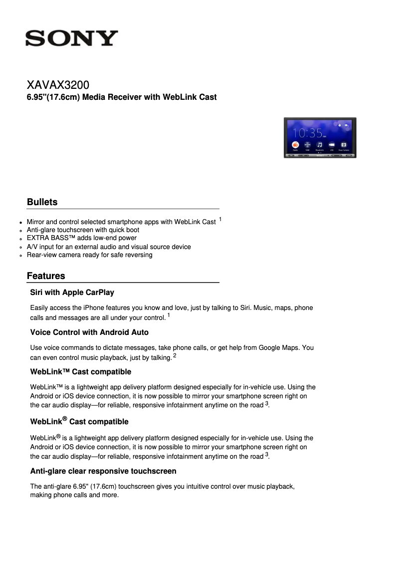 Page 1 de la notice Fiche technique Sony XAV-AX3200