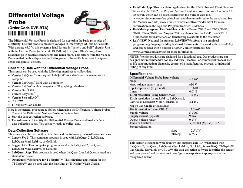 Page 1 de la notice Manuel utilisateur Vernier Differential Voltage Probe