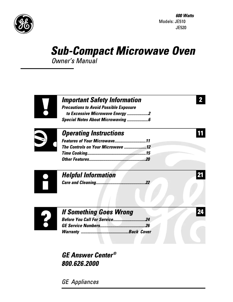 Página 1 del manual Manual de uso y mantenimiento GE JE520WC