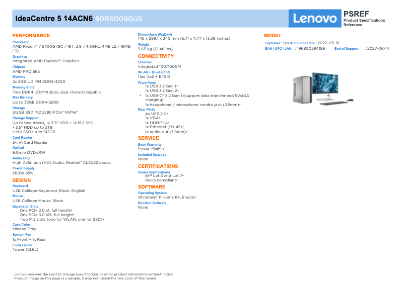 Página 1 del manual Ficha técnica Lenovo IdeaCentre 5