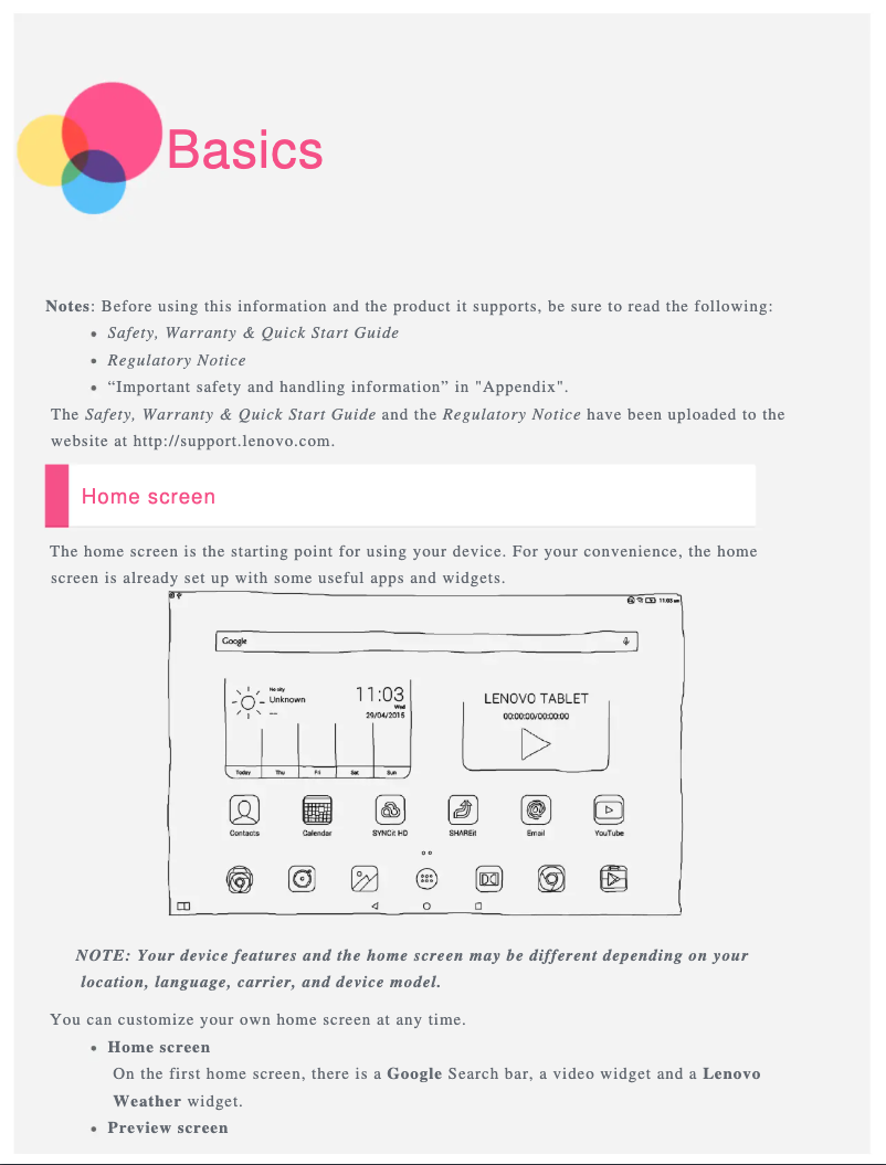 Image de la première page du manuel de l'appareil Yoga Tablet 2 Pro