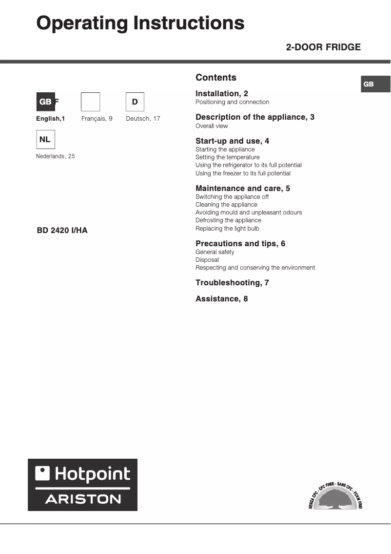 Page 1 de la notice Manuel utilisateur Hotpoint Ariston BD 2420 I HA