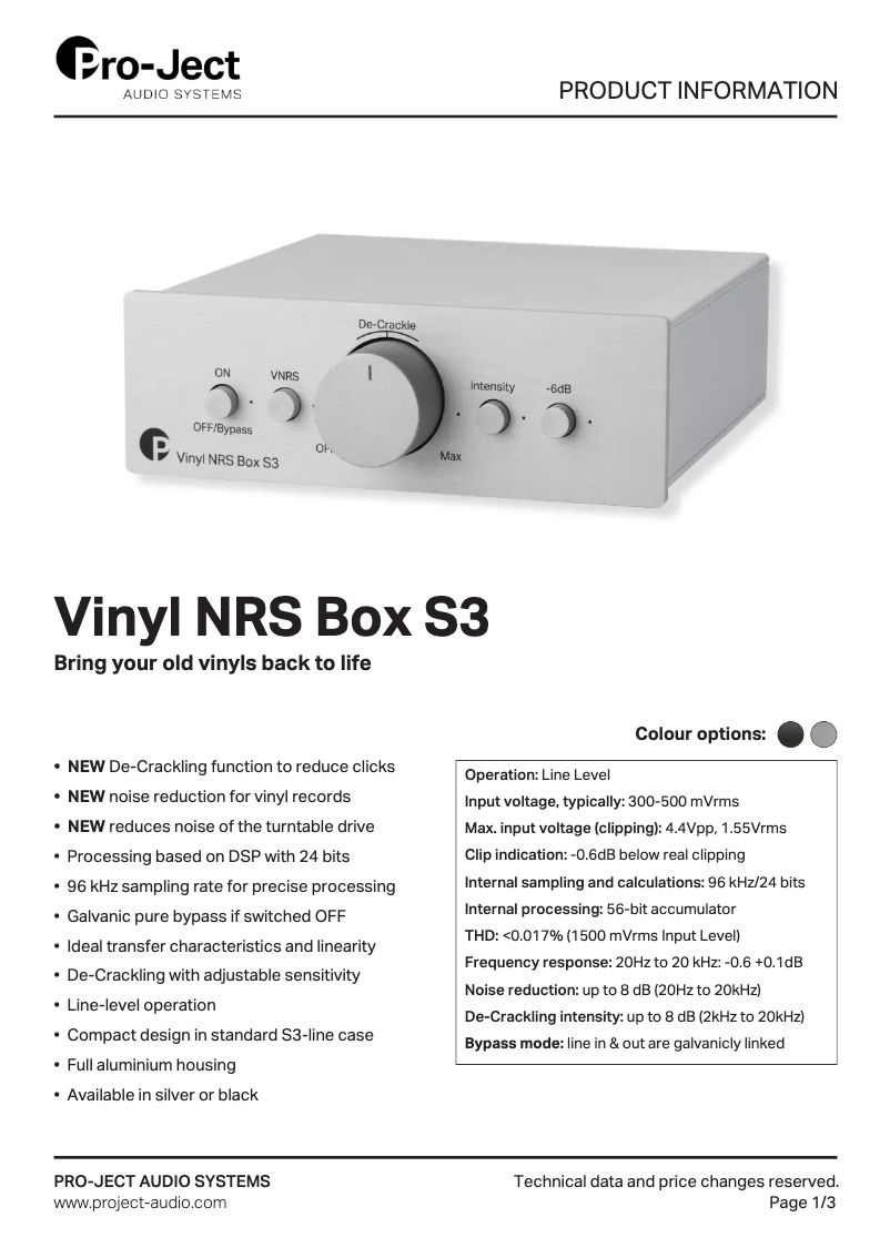 Page 1 de la notice Fiche technique Pro-Ject Vinyl NRS Box S3