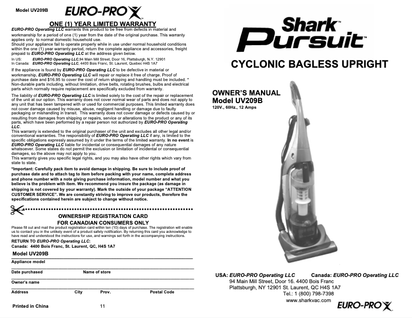 Page 1 de la notice Manuel utilisateur Shark Pursuit UV209B