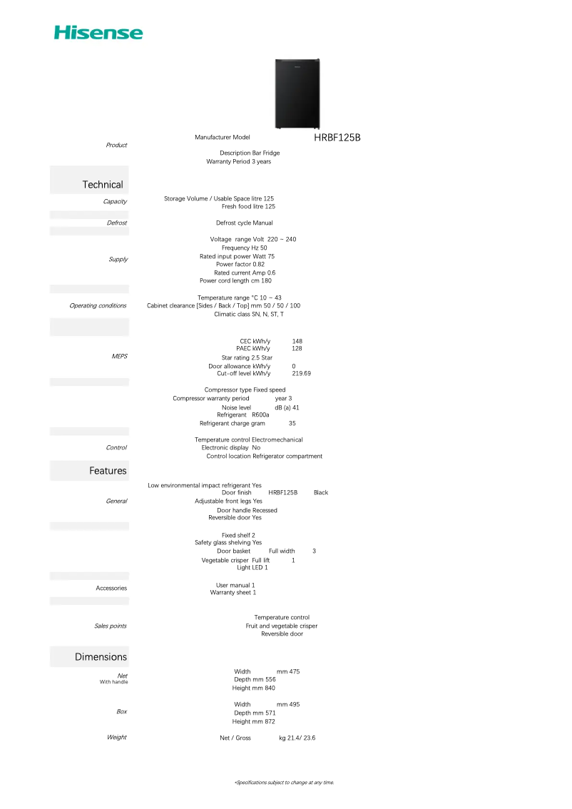 Page 1 de la notice Fiche technique Hisense HRBF125B