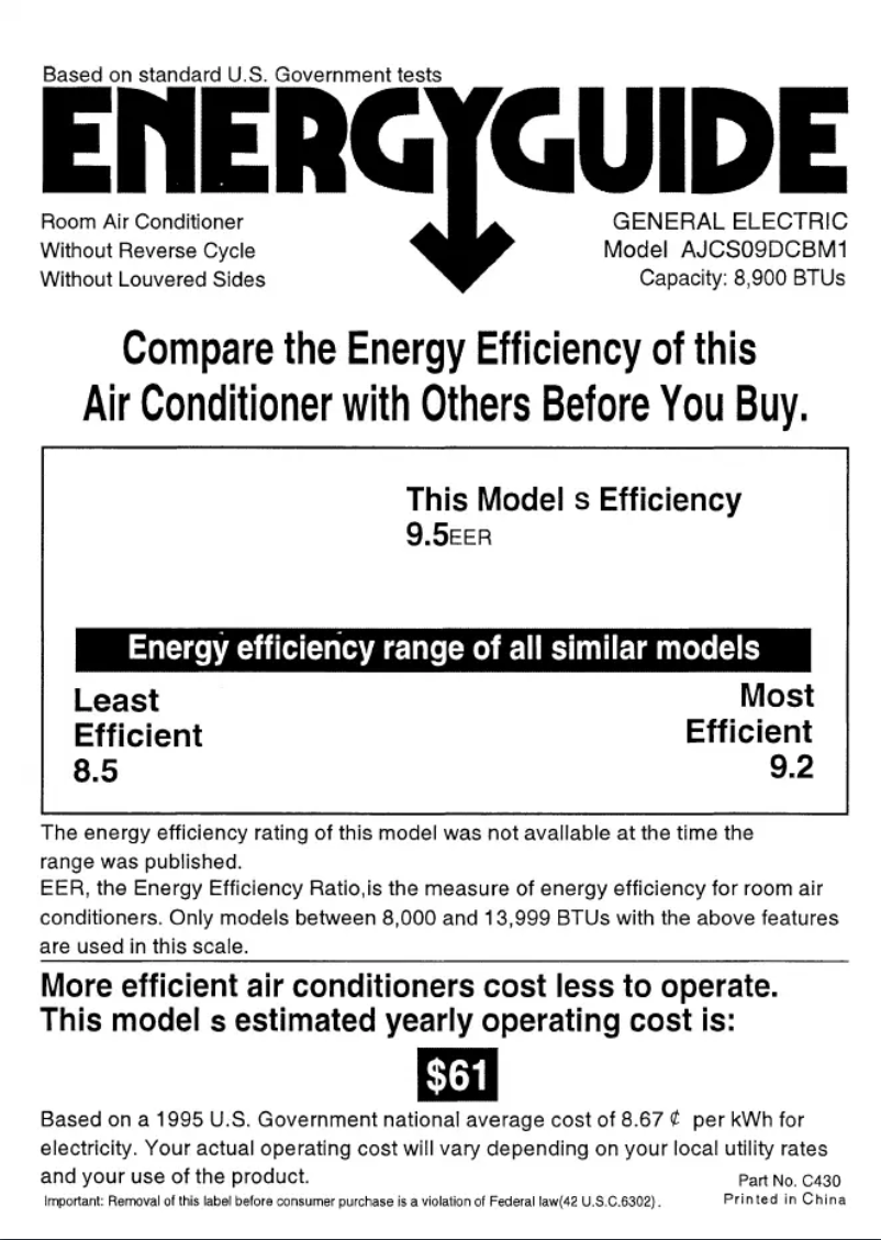 Page 1 de la notice Label énergétique GE AJCS09DCB