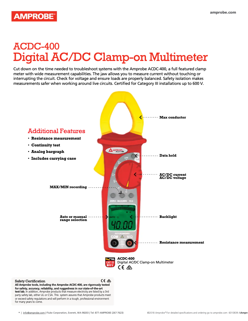 Página 1 del manual Ficha técnica Amprobe ACDC-400