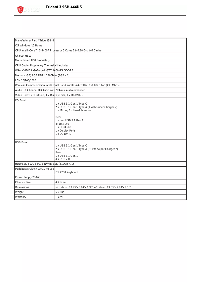 Page n°1 - Fiche technique MSI Trident 3