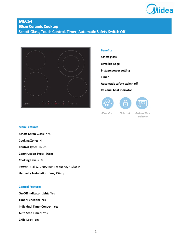 Página 1 del manual Ficha técnica Midea MEC64