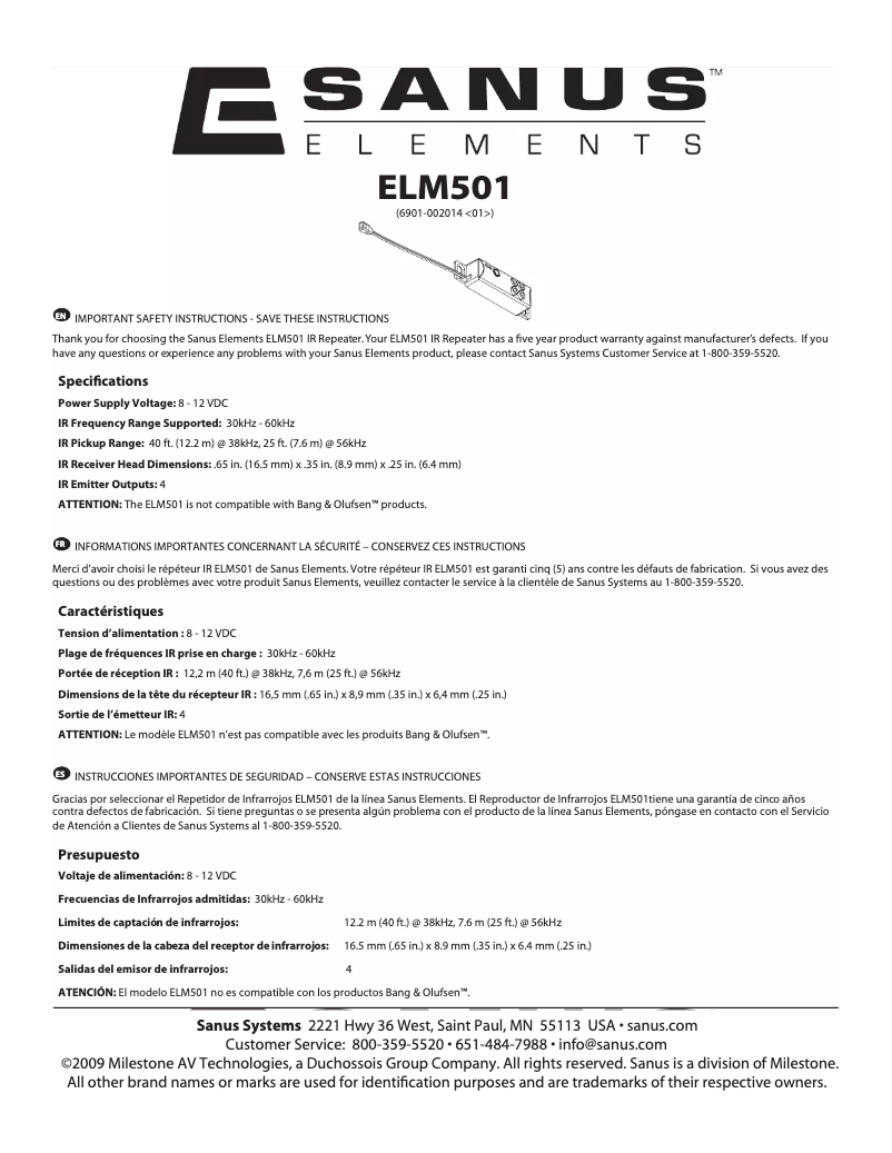 Page 1 de la notice Manuel utilisateur Sanus Elements ELM501