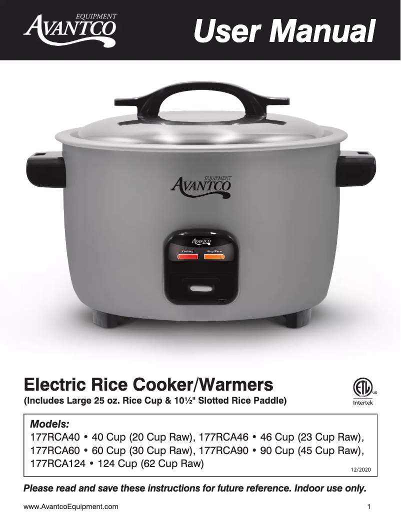 Page 1 de la notice Manuel utilisateur Avantco RCA124