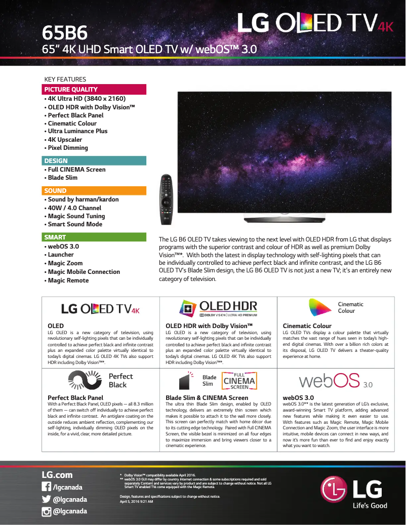 Page n°1 - Fiche technique LG OLED65B6P