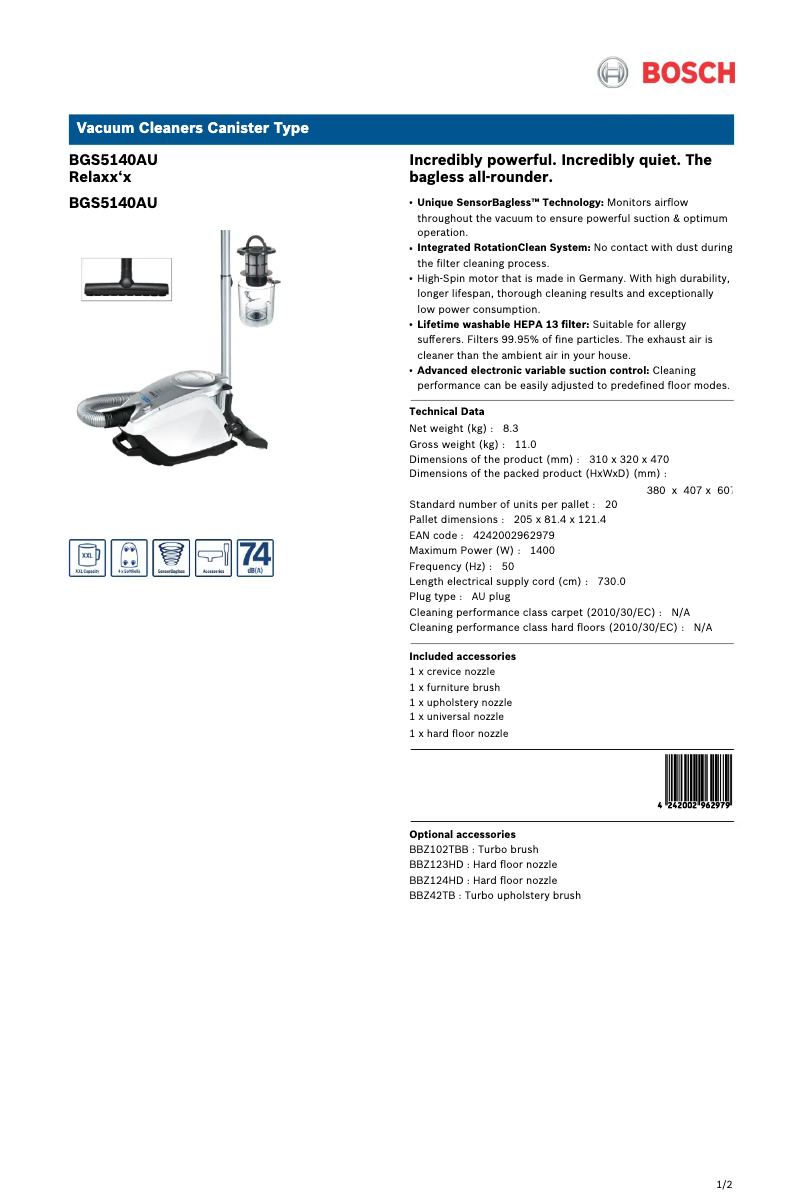 Page n°1 - Fiche technique Bosch Relaxx'x BGS5140AU