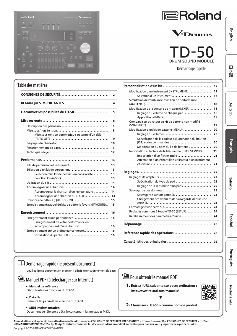 Page 1 de la notice Guide de démarrage rapide Roland TD-50K