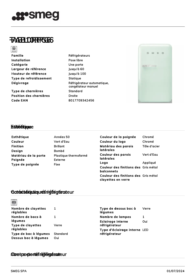 Page 1 de la notice Fiche technique Smeg FAB10RPG6