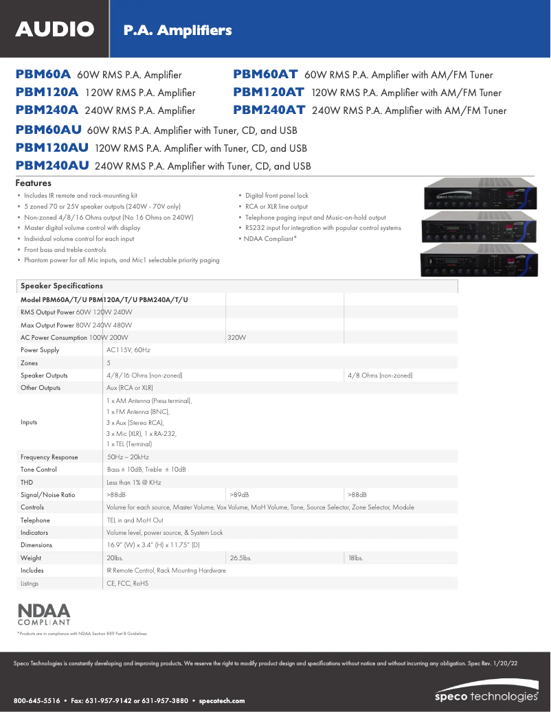 Page 1 of the manual Technical Sheet Speco Technologies PBM240AU