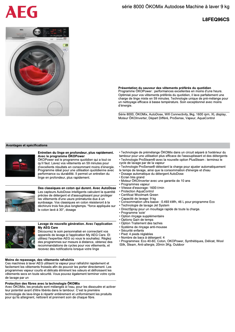 Página 1 del manual Ficha técnica AEG L8FEQ96CS