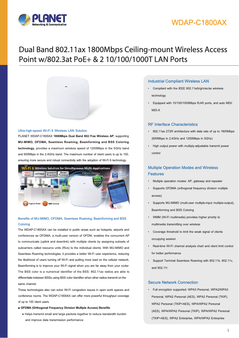 Page n°1 - Fiche technique Planet WDAP-C1800AX