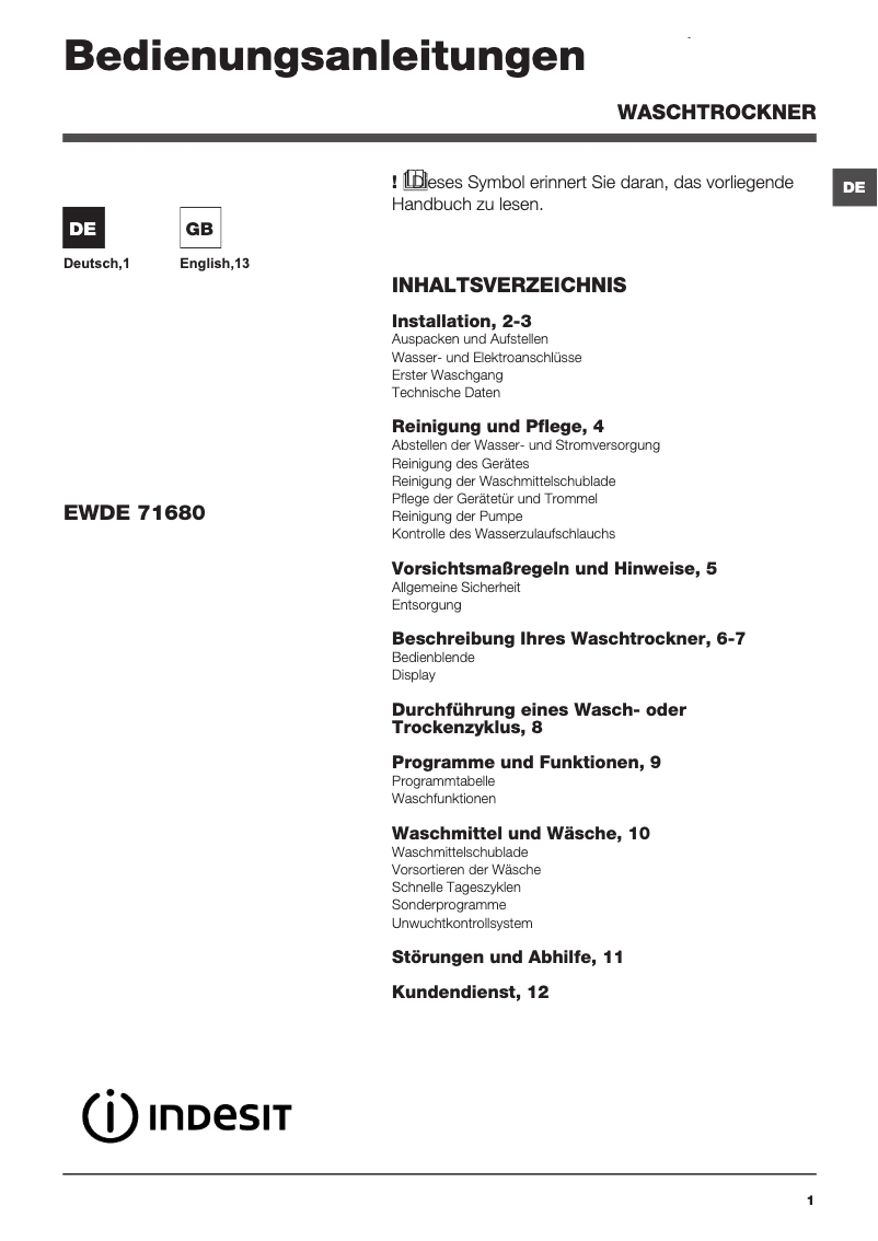 Page 1 de la notice Manuel utilisateur Indesit EWDE 71680 W DE