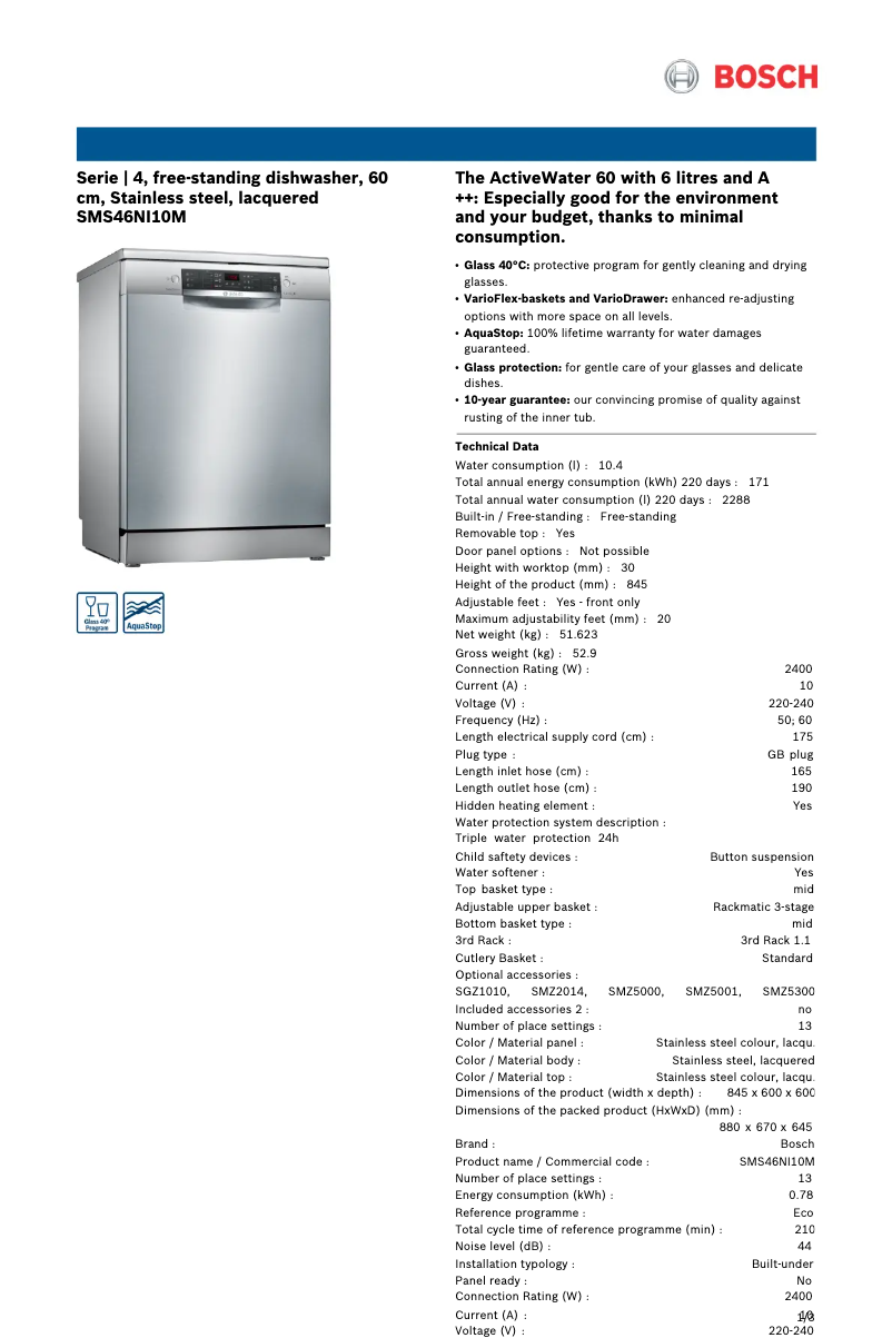 Página 1 del manual Ficha técnica Bosch SMS46NI10M
