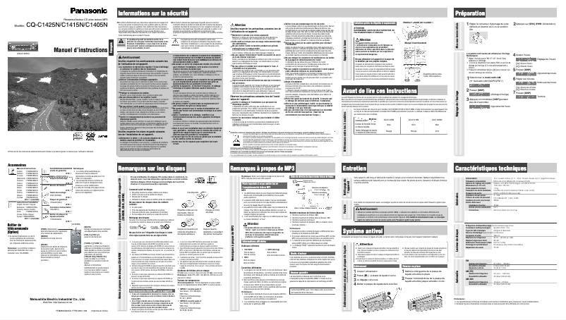 Page n°1 - Manuel utilisateur Panasonic CQ-C1405N