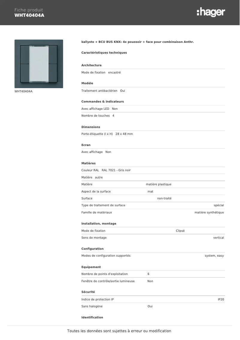 Page 1 de la notice Fiche technique Hager WHT40404A