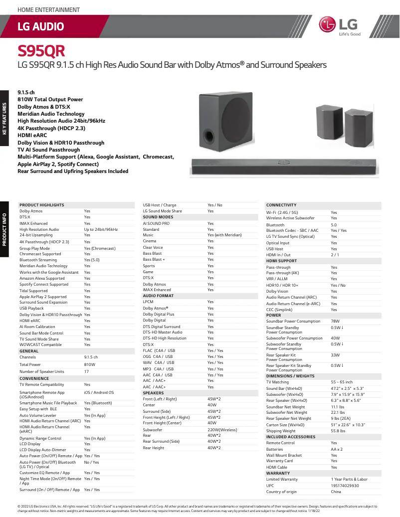Page 1 de la notice Fiche technique LG S95QR