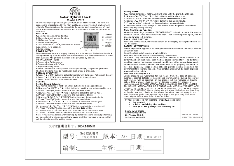 Page n°1 - Manuel utilisateur La Crosse Technology 65902