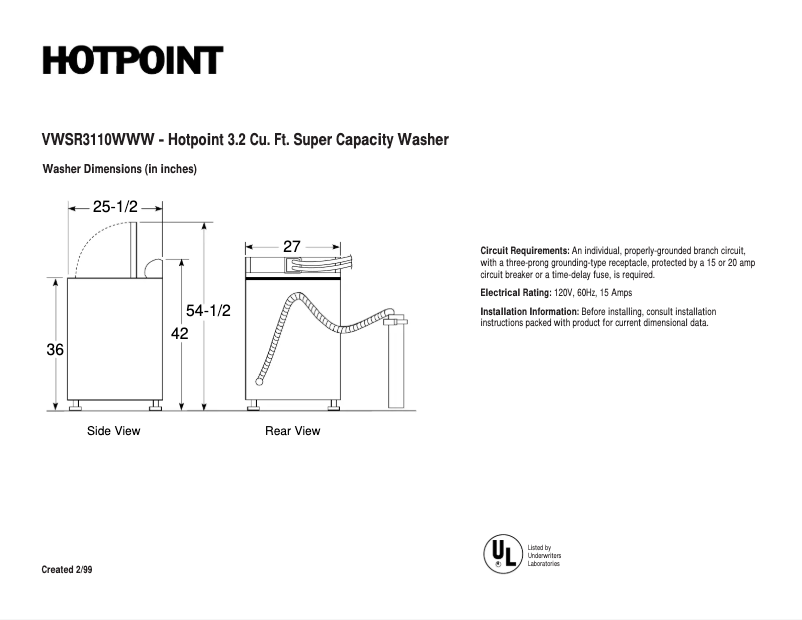 Page 1 de la notice Fiche technique Hotpoint VWSR3110WWW