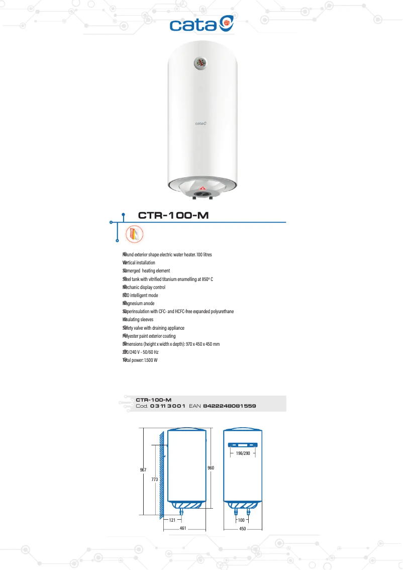 Page 1 de la notice Fiche technique CATA CTR-100-M