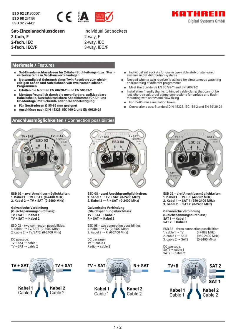 Page 1 de la notice Fiche technique Kathrein ESD 02