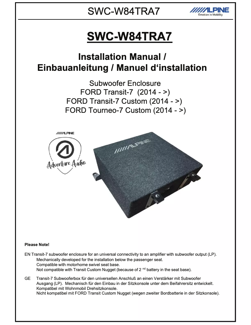 Page n°1 - Manuel utilisateur Alpine SWC-W84TRA7