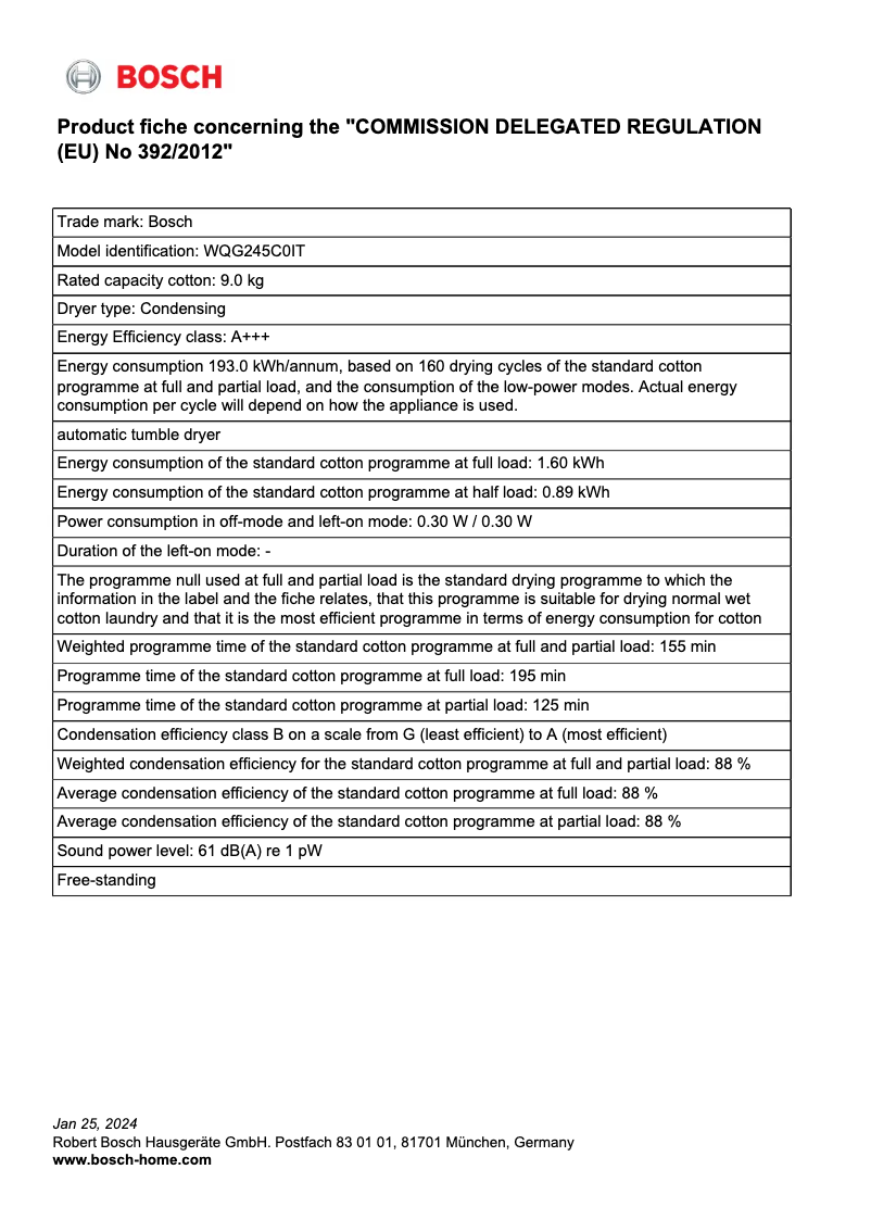 Page 1 de la notice Fiche technique Bosch WQG245C0IT